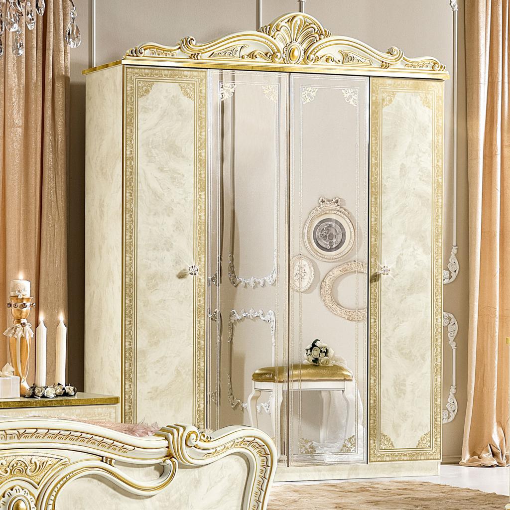 Varazze Ivory High Gloss & Gold Leaf 4dr Wardrobe
