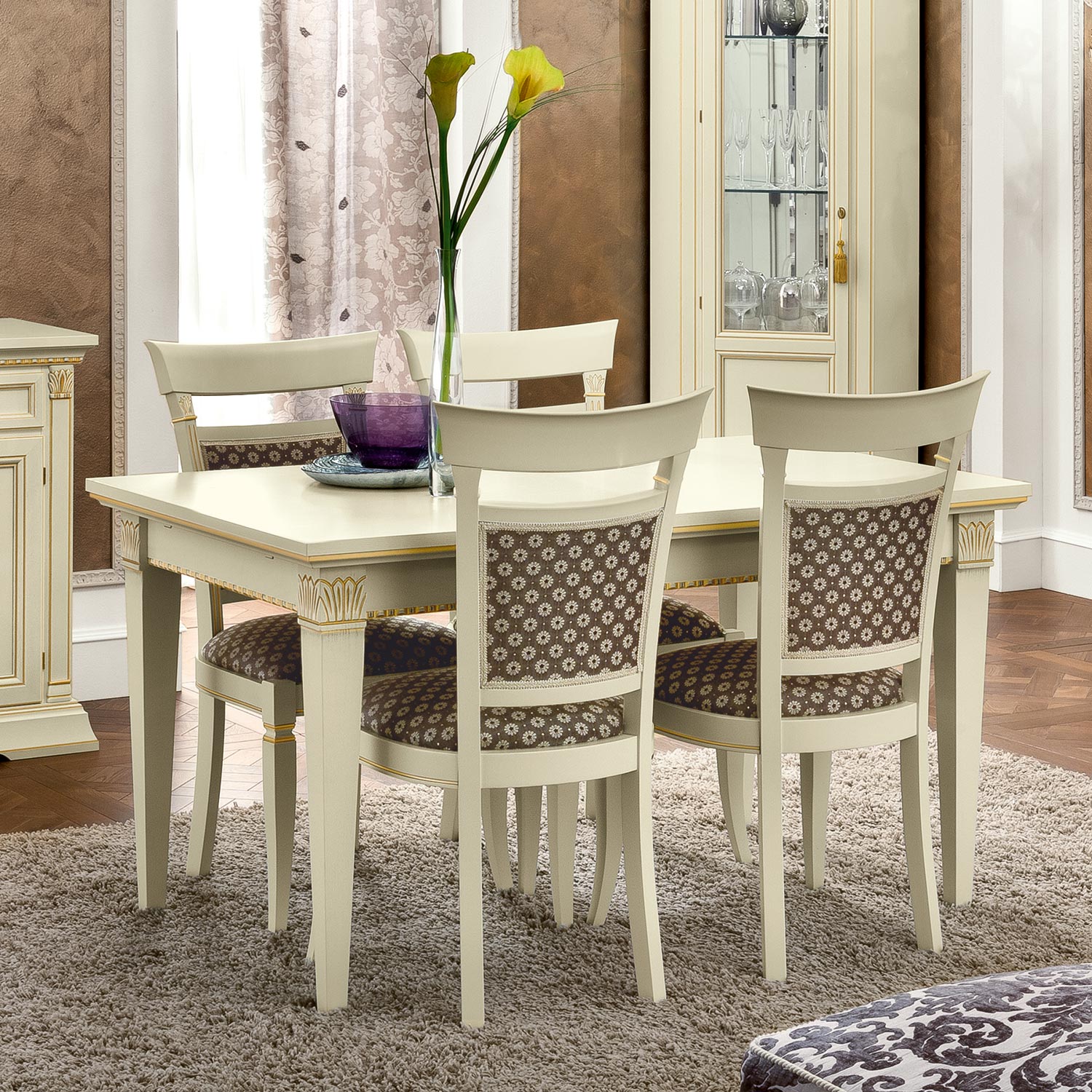 Treviso Ornate Ivory Ash Wood 5 Piece 1.4-2.3m Extending Dining Table Set